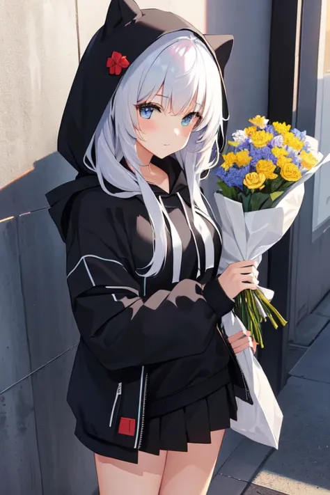 Solo , 1girl, oversized hoodie, skirt, offering flowers. 