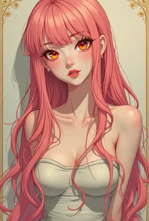 (best quality, highres), portrait, upper body, young cool type girl, long hair, swept-side bangs, [[[pink hair]]], orange eyes, small pointy breasts, plain wall, ultra detailed cg, hyperrealistic and photorealistic style, detailed skin texture and coloring...