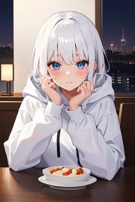 Solo , 1girl, oversized hoodie, skirt, white hair, romantic dinner. 