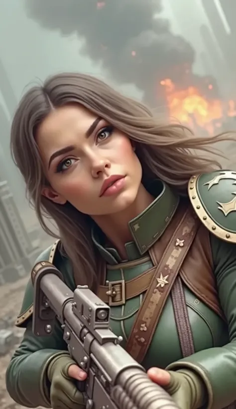 1girl, close shot professional photo of a woman, extremely detailed skin texture, extremely detailed eyes, extremely detailed hair, rifle, sword, laser gun, green military uniform, collar, soldier, astra militarum, imperial guard, warhammer, wh40k, Abh1l4s...