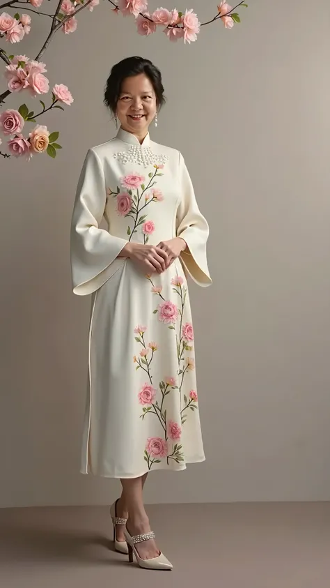 Wedding Dress，Formal occasions and festive attire，Middle-aged women，Chinese stand collar，Elegant and dignified midi dress，V-neckline with neatly arranged pearls to the waistline，The skirt is decorated with a pastel-colored floral embroidery on the chest，As...