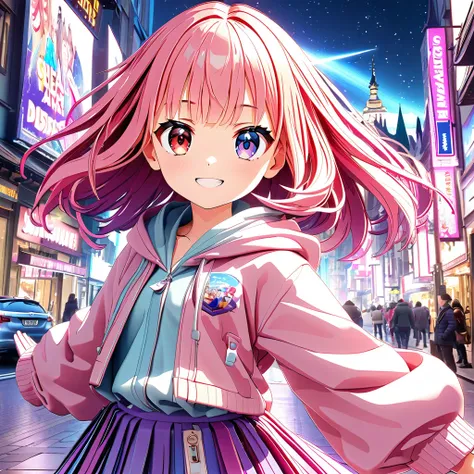 She is a cute girl with a slightly childish look and a side-braided hairstyle (milk tea beige oblique short bob: 1.2). She has big anime-like eyes (galaxy glow effect: 1.4), one eye is bright pink and the other eye is transparent color (heterochromia iridi...