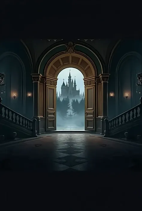 Dark Palace Room, open golden high doors, in the doorway you can see a fairytale castle in the night fog.