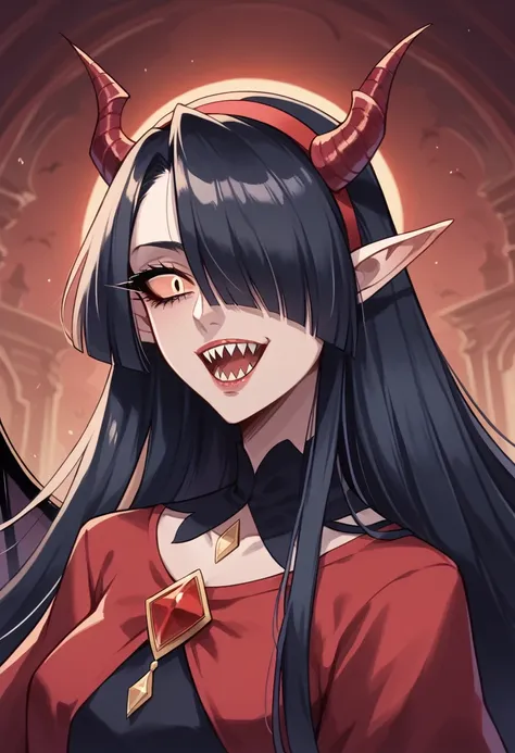 rosto detalhado, grandes olhos, sharp teeth, hair over eyes, hairband, demon horns, demon wings, long hair, pointy ears, elf, bl...