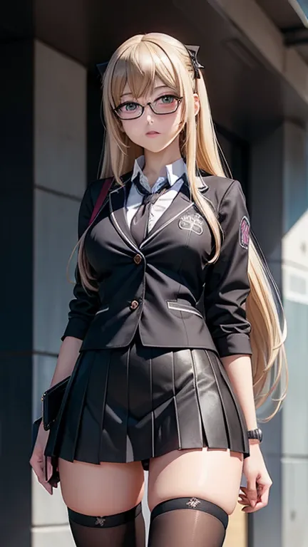 anime girl in a short skirt and glasses, standing, a hyperrealistic , hyperrealistic , realistic , misa amane *, school girl, cyber school girl, fine details. girls frontline, smooth anime cg art, ( ( misa amane # ) ), photorealistic anime girl render, bea...