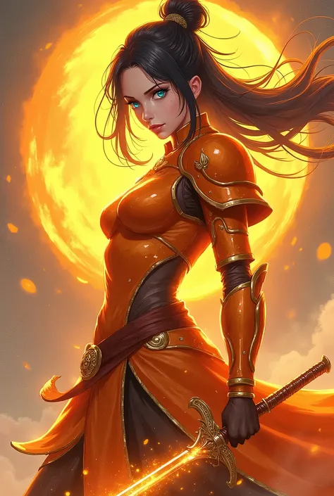 anime. A tall woman, long black hair tied in a bun but with strands escaping to the side. Make orange armor. a warrior&#39;s armor made of energy. Make a double-edged sword in your hand, the sword is a little long and thin. This woman&#39;s eyes are light ...