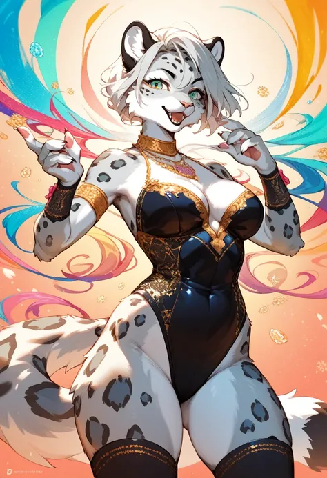 score_9, score_8_up, score_7_up, score_6_up, score_5_up, score_4_up, source_anime, source_furry, best quality, masterpiece, 1 female, (anthropomorphic snow leopard, furry, ), Colorful gradient with an emphasis on abstract design in the background, 