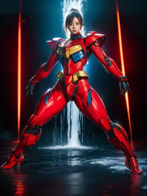 Full Body Shot, Very detailed, The costume colors were inspired by Gundam.、8k, Actual Photos, Impressive lighting, Dynamic action poses, Great energy effect, Red color palette, Simple costume design, Advanced Technology, Heroic and powerful, There is a lar...