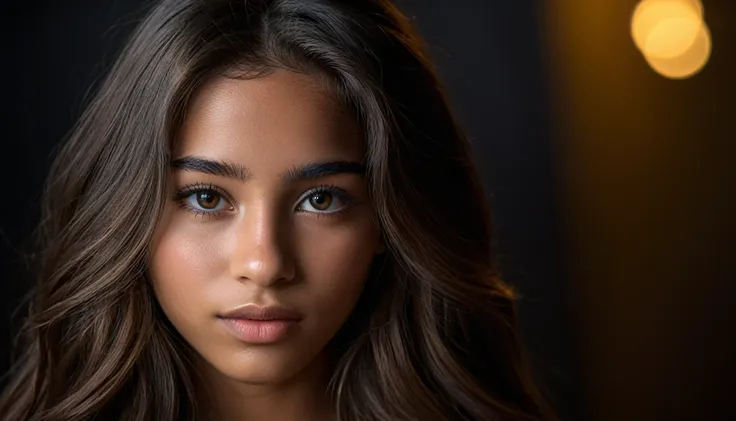 photorealistique portrait of a 21-year-old colombian girl with long, cheveux bruns coulants et yeux sombres frappants. crée diff...