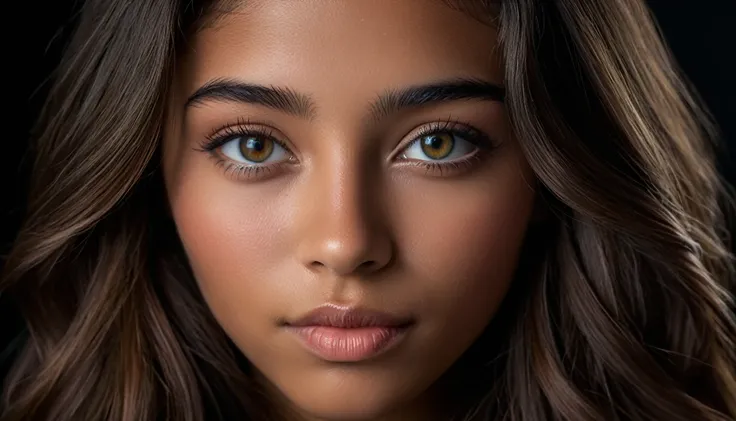 photorealistique portrait of a 21-year-old colombian girl with long, cheveux bruns coulants et yeux sombres frappants. crée diff...