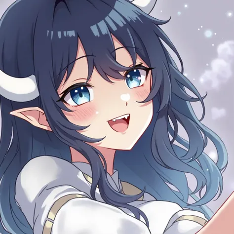 Edit photo Girl with long dark blue hair and blue eyes smiles she has fangs and wings and horns in a long dress that has a cut on the side and in heels