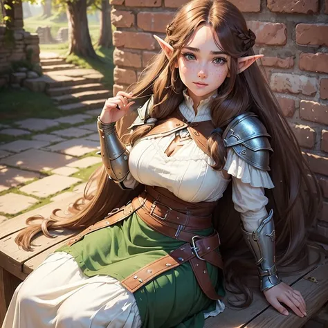 ((Best quality))) (((HD))) (((8K))) (Character) 20-year-old woman, ((Adventurous)) elf, ((Beautiful)) and ((cheerfulness)), ((Brown hair)) and ((Long hair:1.5)). voluptuous and chunky design, Brown hair body large breasts thick thighs, beautiful curves, ((...