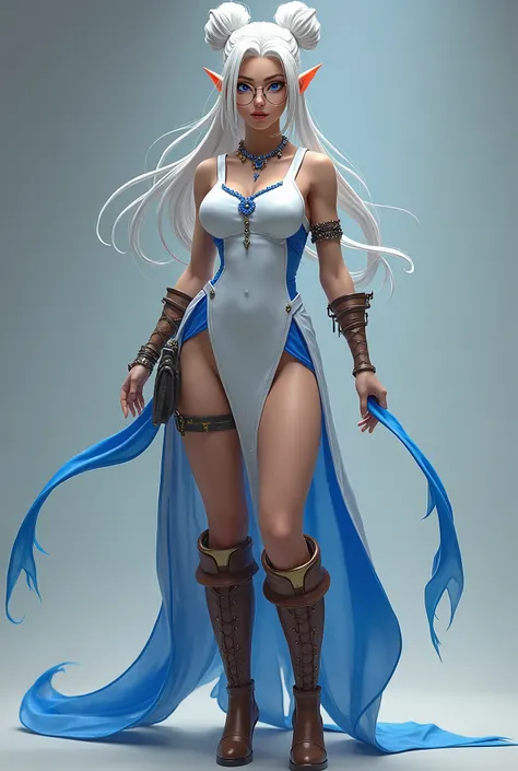 fortnite style girl with pointy ears, wide hips, thin waist blue eyes white hair double tied, wearing brown boots, sexy white dress with royal blue details full body glasses
