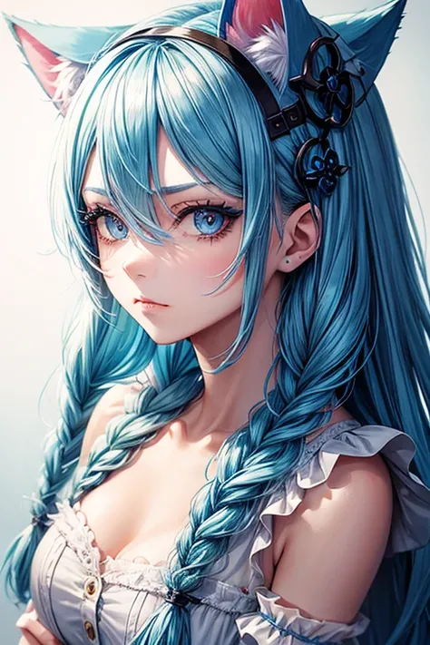 Character portrait,Blue Hair/Light blue hair, Braids, Cat ears, Heavy makeup, A disdainful look, One-eye eye mask, 