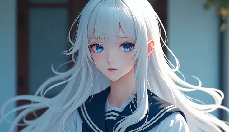 A beautiful girl with long white hair, blue eyes, wearing a Japanese school uniform, with a beautiful face like a celebrity.