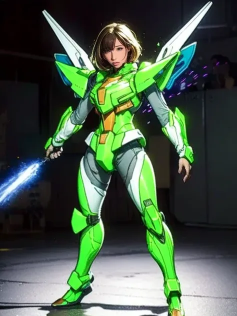 Full Body Shot, Very detailed, The costume colors were inspired by Gundam.、8k, Actual Photos, Impressive lighting, Dynamic action poses, Great energy effect,Yellow green shade, Simple costume design, Advanced Technology, Heroic and powerful, The background...