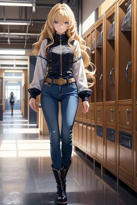 Anime style female character with blond, wavy, waist-length hair, side V bangs, and blue eyes, portraying a calm and dignified demeanor with a mature face. She is wearing skinny jeans with high boots over the jeans, and a refined top. The setting is a typi...