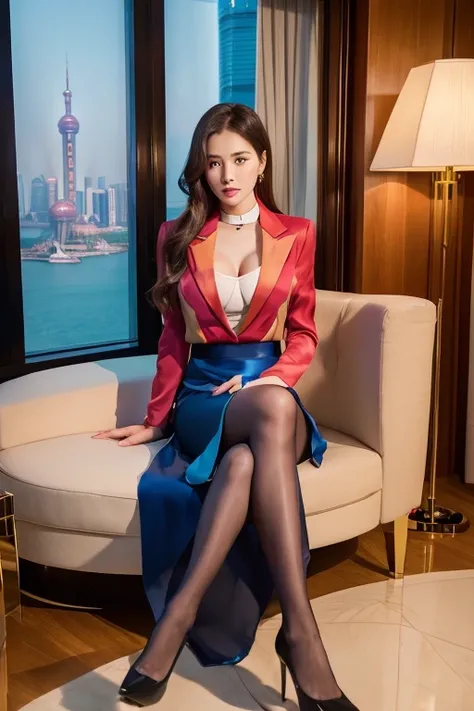 ((Full Body Portrait))、Blazer jacket、Colorful、Silk blouse、(Geometric midi skirt:1.3)、(Silk Pantyhose)、High heels、1 girl、Super delicate face、Ultra-detailed eyes and face、double eyelid、Glossy Red Lips、(Two well-balanced legs)、(Perfect body、Perfect hands)、((P...