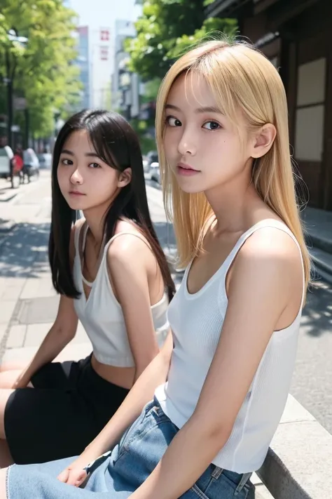 (Real),８KCG,High resolution,Create a photo of a Korean Asian teenager,beautiful girl, ((Blonde)),((9yo)),Narrow eyes:1.5,Slim Face,Underarm,White tank top,No arm hair,(Small Face:1.3),Slim Face,Ask,outdoor Sit on  simple bench,
1人の女の子, 足をフレーム外へ,(((もっと平らな胸:...