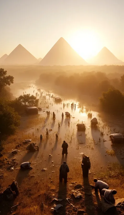 Cinematic film still of Photorealism:1. Long time ago in ancient Egypt, a landscape at dawn featuring majestic pyramids in the background and the Nile River reflecting the sunlight. A group of Egyptians working in papyrus fields, wearing traditional clothi...