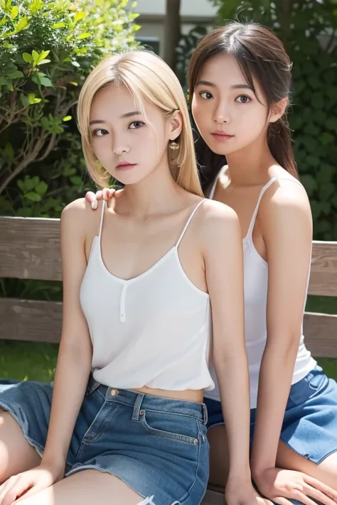 (Real),８KCG,High resolution,Create a photo of a Korean Asian teenager,beautiful girl, ((Blonde)),((9yo)),Narrow eyes:1.5,Slim Face,Underarm,White tank top,No arm hair,(Small Face:1.3),Slim Face,Ask,outdoor Sit on  simple bench,
1人の女の子, 足をフレーム外へ,(((もっと平らな胸:...