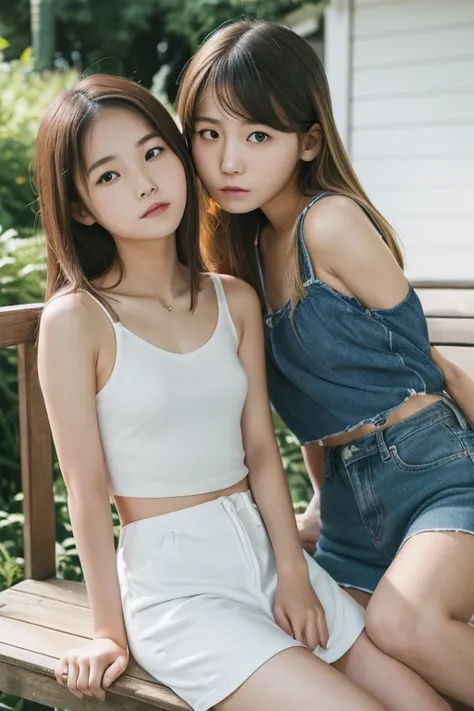 (Real),８KCG,High resolution,Create a photo of a Korean Asian teenager,beautiful girl, ((Blonde)),((9yo)),Narrow eyes:1.5,Slim Face,Underarm,White tank top,No arm hair,(Small Face:1.3),Slim Face,Ask,outdoor Sit on  simple bench,
1人の女の子, 足をフレーム外へ,(((もっと平らな胸:...