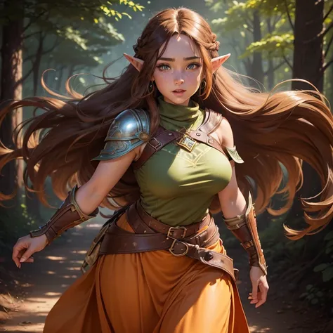 ((Best quality))) (((HD))) (((8K))) (Character) 20-year-old woman, ((Adventurous)) elf, ((Beautiful)) and ((cheerfulness)), (freckles), ((Brown hair)) and ((Long hair:1.5)). voluptuous and chunky design, Brown hair body large breasts thick thighs, beautifu...