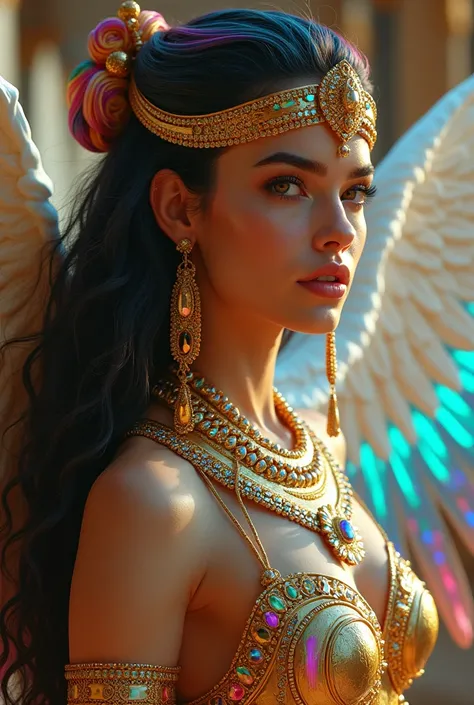 "Crea un retrato de cuerpo entero de pies a head,Stunning and highly detailed sculpt of a character set in ancient Egypt. She is a 25 year old GODDESS, She looks like a young Megan Fox,with hair ,de todos los colores iridescent, negro, blue,rubio, dorado, ...