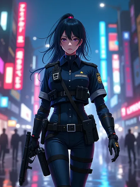 anime style, supene illustration, highly detailed, dynamic angle, beautiful detailed, 8k, In October, at night, BREAK a female cyborg police officer patrols a cyberpunk city with a serious expression. BREAK Neon and hologram billboards glow brightly around...