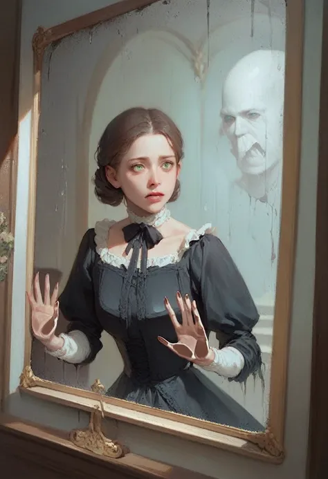 Young woman, green eyes, brown hair, victorian dress, horrified,  hands pressed against glass, trapped in a haunted oil painting, painting frame, ghostly, trapped, hanging on the wall in a victorian house, GhostlyStyle