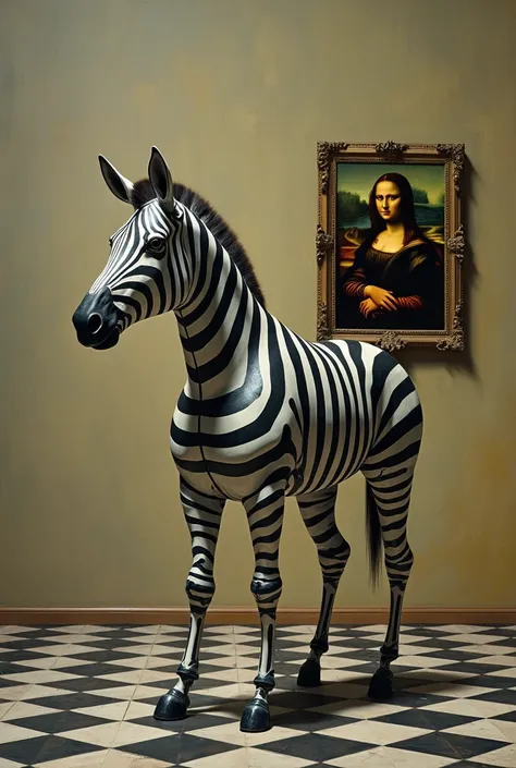 René Magritte Style - A painting in the style of René Magritte on a checkerboard with the Mona Lisa in the background and a robot zebra 