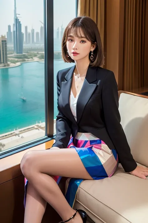 ((Full Body Portrait))、Blazer jacket、Colorful、Silk blouse、(Geometric midi skirt:1.3)、(Silk Pantyhose)、High heels、1 girl、Super delicate face、Ultra-detailed eyes and face、double eyelid、Glossy Red Lips、(Two well-balanced legs)、(Perfect body、Perfect hands)、((P...