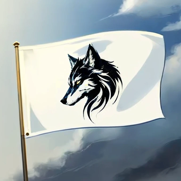 a close up of a white flag with a wolf on it, half wolf, wolp, white fox anime, fantasy wolf portrait, white wolf, medium shot portrait, holding a white flag, flag, great wolf, alpha wolf head, fenrir, wolfy nail, cloak flittering in the wind, a white wolf...