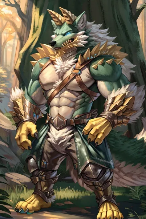 a fusion of a wolf and a dragon, male, yellow horns, high quality, 4k, wolf tail,((full body,  blue eyes, dark green body, white...