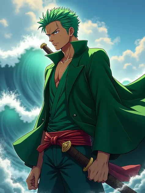 1 boy, roronoa zoro from anime one piece, short slicked back green hair, scar over left eye, traditional japanese pirate suit jacket in green with long sleeves flowing in wind, upper body and arms composition, standing sideways facing camera, determined ca...