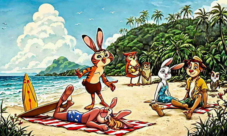 (disney characters) Pooh Bear and Pglet ride on a surf board in the tropics, the other animals from the 100 acre woods (Kanga, roo, tigger, rabbit, owl, and Eeore) are having a picnic on the beach, view if far enough back to show Pooh on the surfboard movi...