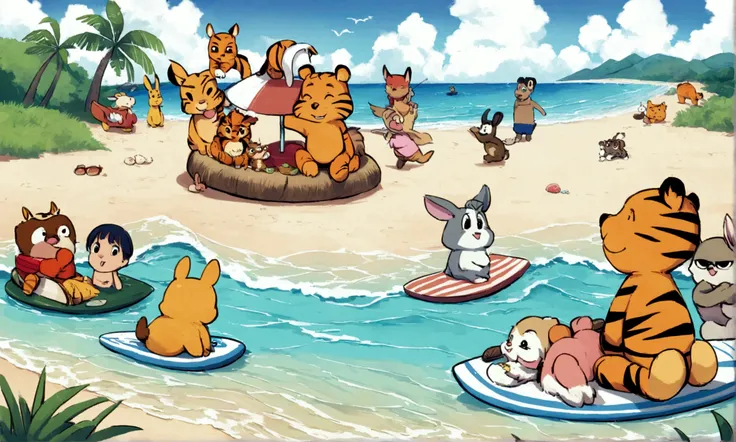 (disney characters) Pooh Bear and Pglet ride on a surf board in the tropics, the other animals from the 100 acre woods (Kanga, roo, tigger, rabbit, owl, and Eeore) are having a picnic on the beach, view if far enough back to show Pooh on the surfboard movi...