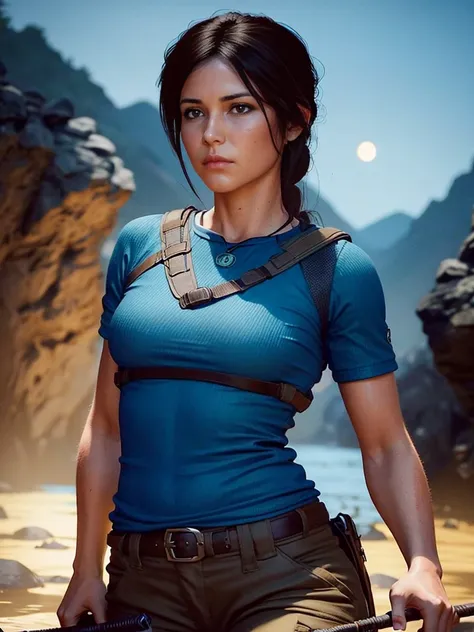 picture of lara croft in a blue shirt and brown pants climbing a mountain in an underground cave. the scene is lit by the moon r...