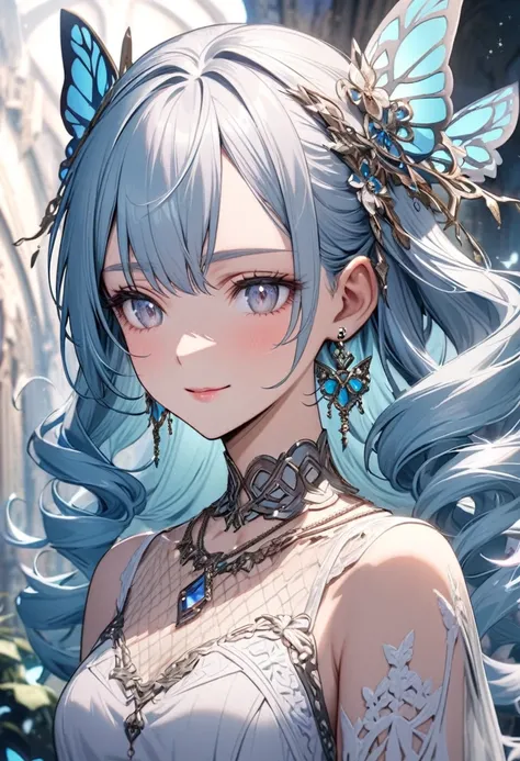 Beautiful women with light blue hair, young adult, Curly hair, Hair drills, dynamic hair, hair highlights, Silver Eyes, Beautiful eyes, solo focus, thin ice flake wings, butterfly wings, Beautiful white dress, necklace, ear rings, Thick long lashes, Half l...