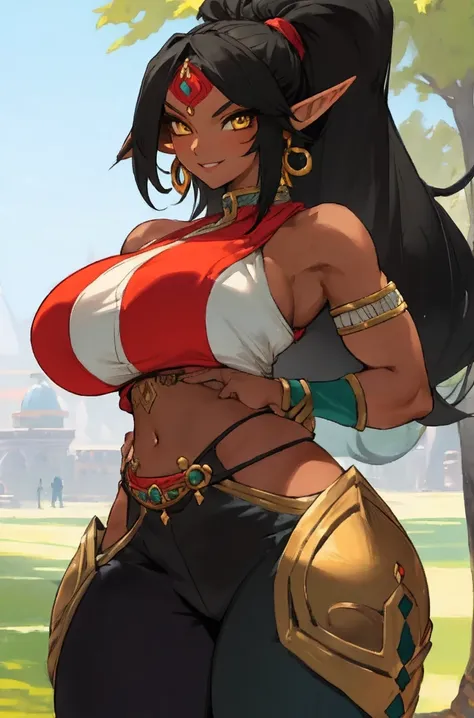 1girl athletic gerudo, elf ears, yellow eyes, black hair, (dark skin:0.7), (detailed face:1.1), portrait bimbo very wide hips, s...