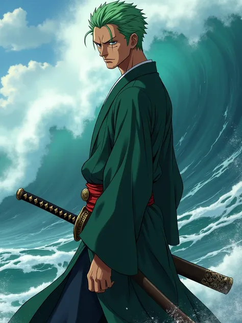 1 boy, (((“roronoa zoro”))) from ((anime one piece)), short slicked back green hair, scar over left eye, traditional japanese pirate suit jacket in green with long sleeves flowing in wind, upper body and arms composition, standing sideways facing camera, d...