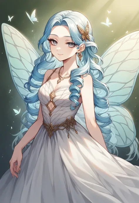 Beautiful women with light blue hair, young adult, Curly hair, Hair drills, dynamic hair, hair highlights, Silver Eyes, Beautiful eyes, solo focus, thin ice flake wings, butterfly wings, Beautiful white dress, necklace, ear rings, Thick long lashes, Half l...