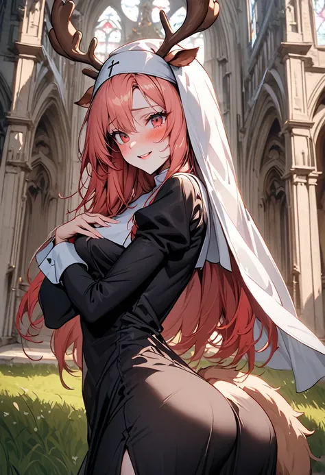 solo, female, close up, nun, nun habit, deer antlers, light red hair, long hair, red eyes, curvy, slim, pious, church, outdoors, dress slit, grass, medium breasts, blush, shy, smile, hand on breasts, large ass, large fluffy deer tail, juliet sleeves, long ...