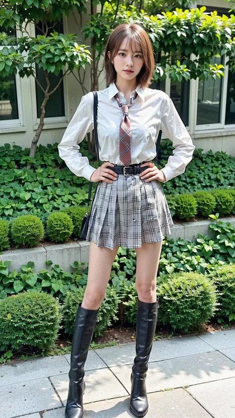 (8k、RAW Photos、Best Quality、masterpiece:1.2)、(Realistic、Realistic)、1 person、((Medium Hair、shirt、tie、Breast enlargement、Checked skirt、Thin legs、boots、View from the front、Looking into the camera、garden、Stand with hands on hips))、cute