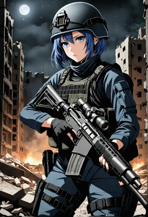 female soldier, short blue hair, blue eyes, military helmet, black tactical uniform, RIFLE, soldier girl, city in ruins, night, night operation, black ops, special team soldiers.