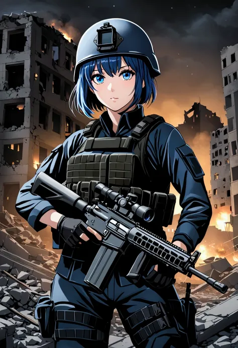 female soldier, short blue hair, blue eyes, military helmet, black tactical uniform, rifle, soldier girl, city in ruins, night, ...