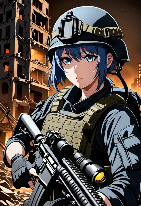 female soldier, short blue hair, blue eyes, military helmet, black tactical uniform, RIFLE, soldier girl, city in ruins, night, night operation, black ops, special team soldiers.