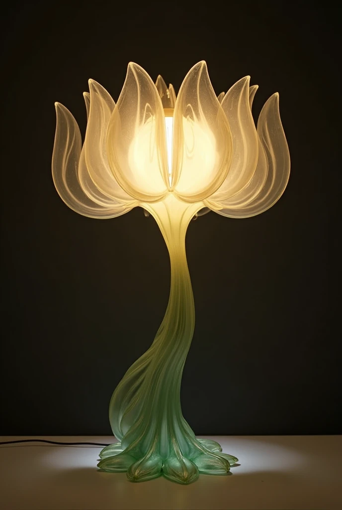 there is a lamp that is sitting on a table, Surrealist sculpture inspired by François Barrault, Flicker, Art Nouveau, Exquisite lighting, lamp, Light Lighting Side view, Soft bloom lighting, Table lamp, Glass Flower, Helmet-forming flower sepals, Harsh Blo...