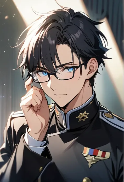 1 boy, black hair, blue eyes, black cloth, handsome, wearing uniform, wearing glasses,