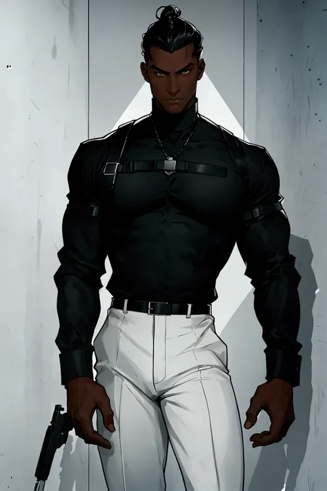 A dark-skinned man with black hair slicked back, with a black turtleneck and long sleeve tight blouse, with a holster on the chest and leg using a simple black cord